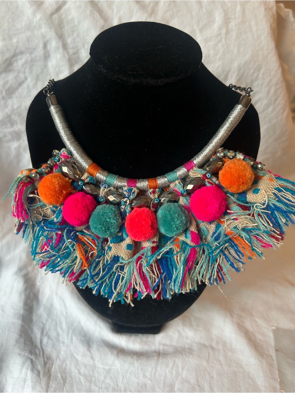 Versona Multicolor Pom-Pom Fringe Statement Necklace